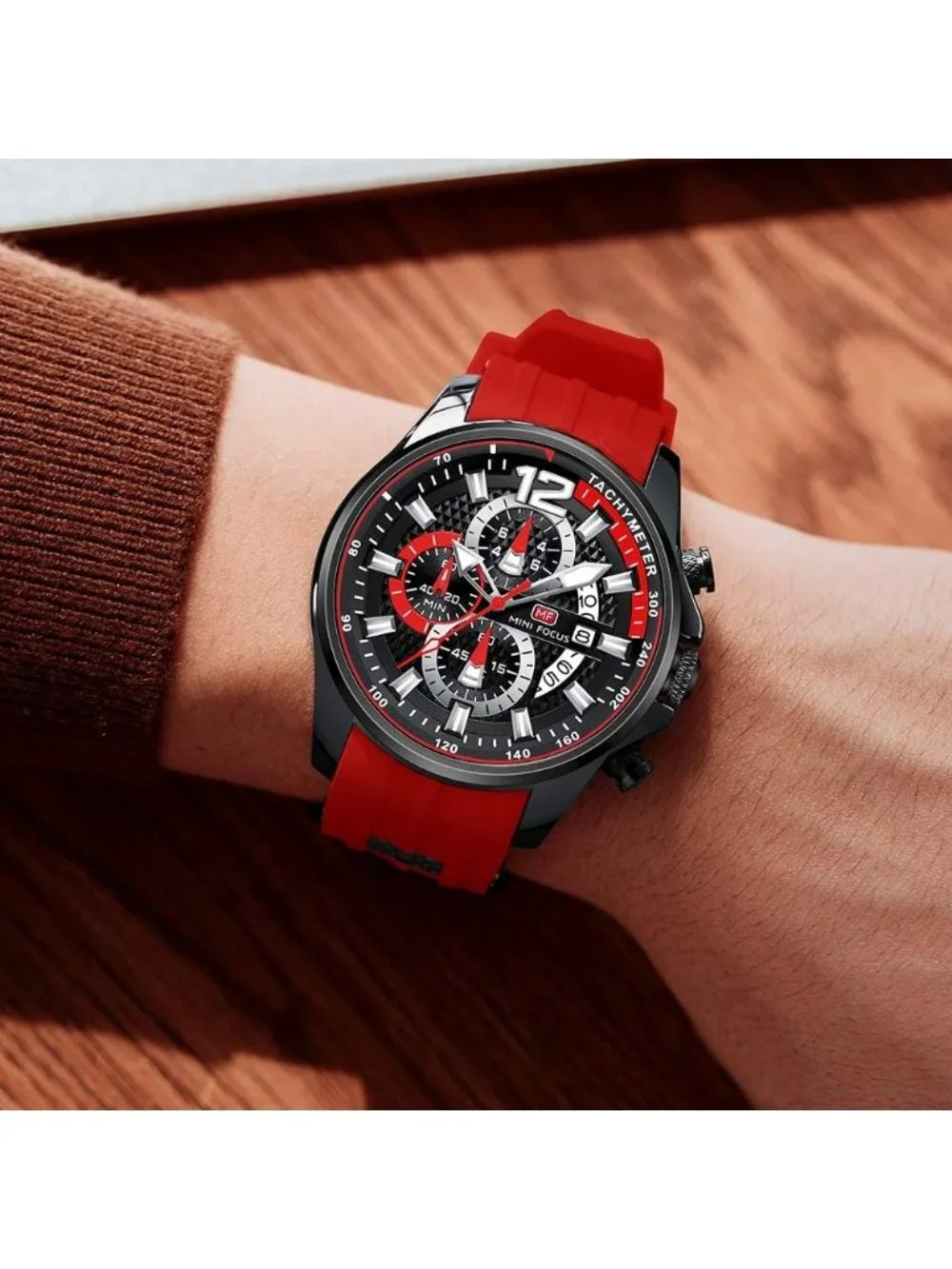 Men's Red Silicon Band Analog Quartz Chronograph Waterproof Luminous Wrist Watch